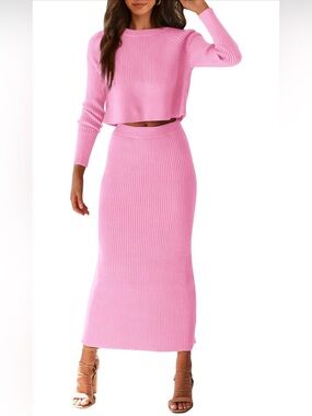 NWT PRETTYGARDEN 2 Piece Set Rib Knit Long Sleeve Crop Top Midi Bodycon Skirt XL